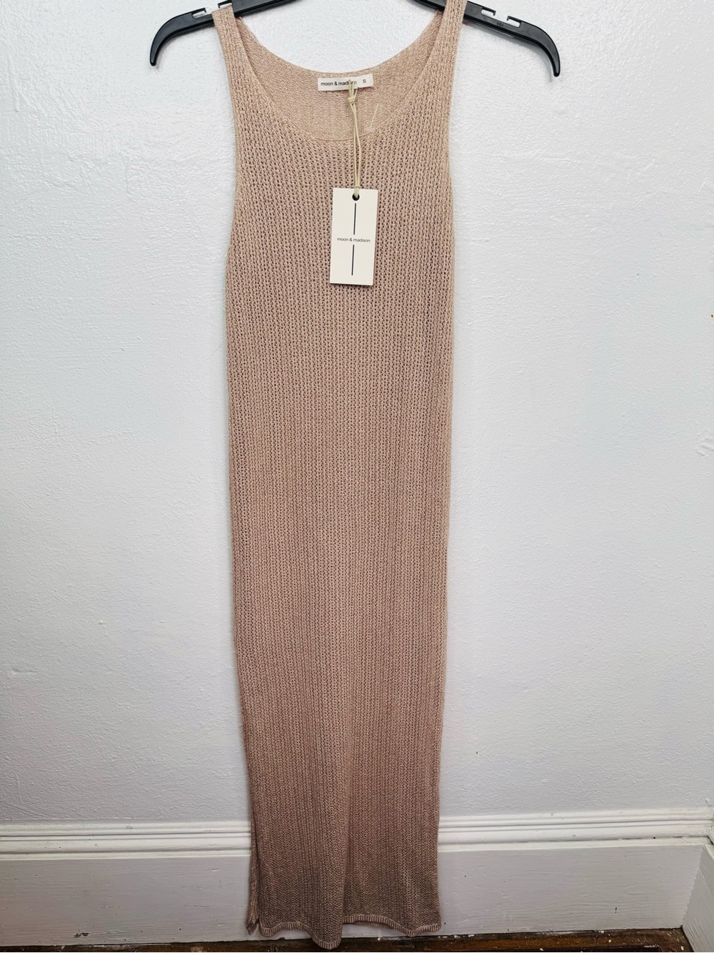 Moon & Madison Dress Womens Size S Rose Gold Metallic Knit Maxi Semi Sheer
